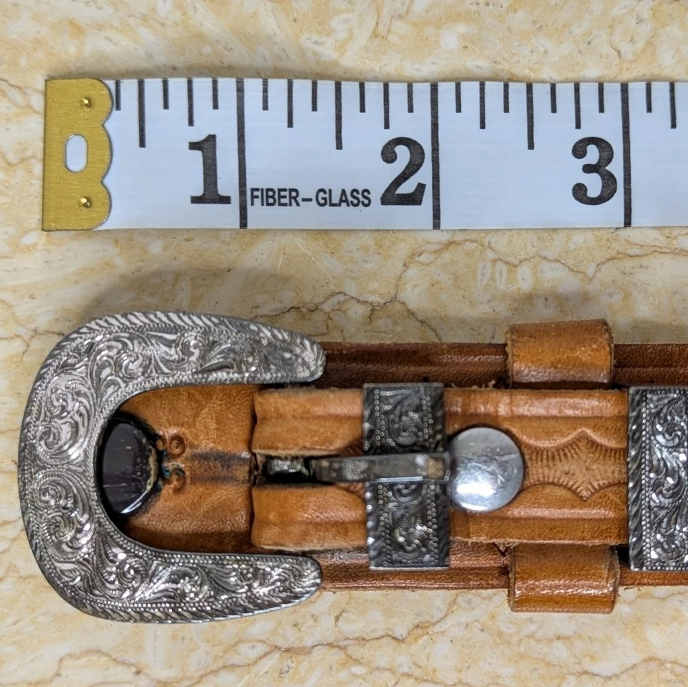 Vintage Bianchi Brown Rugged Leather Western Tooled Belt Silver Accents Women 38
